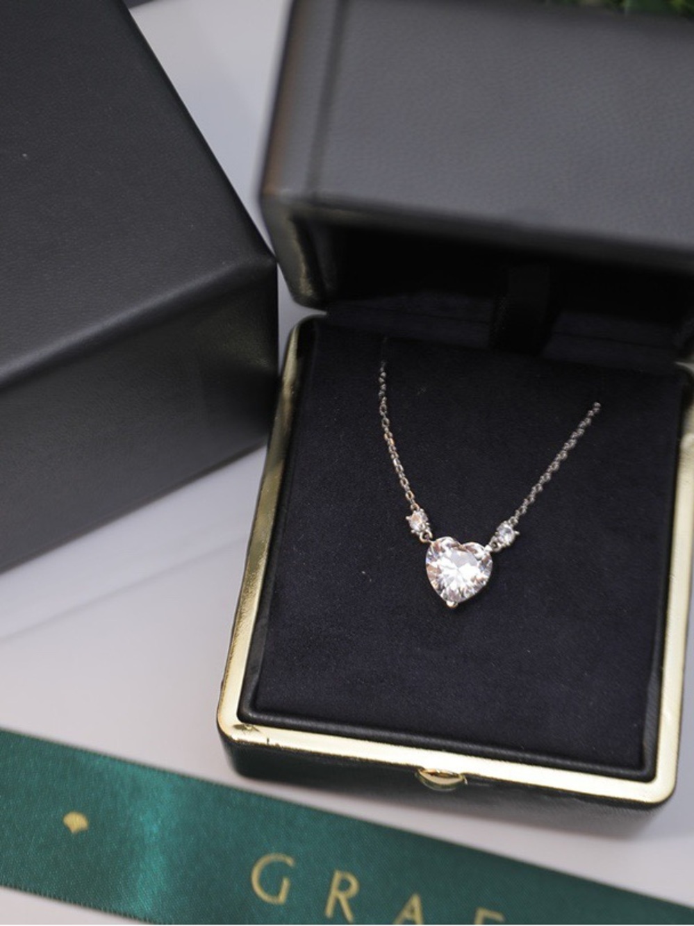 Heart Pendant Necklace with Clear Crystal in Silver Tone